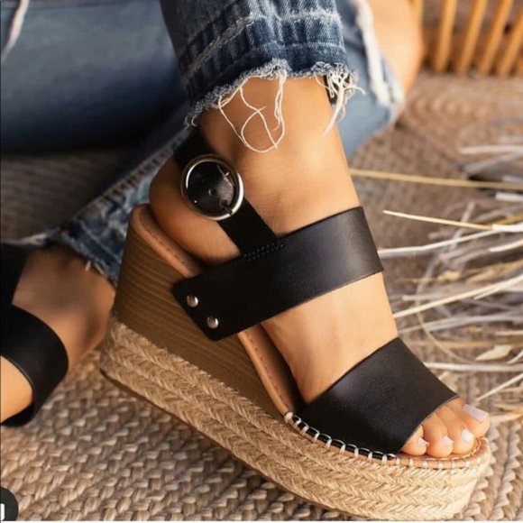 Soda Shoes - Soda Shoes Trip Black Espadrille Wedge size7